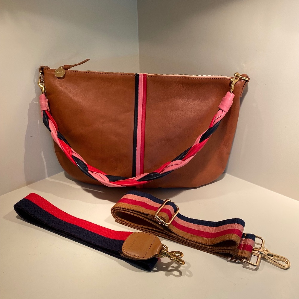 Melissa McCarthy x Clare V. Moyen tan leather with navy, pink, and red stripe